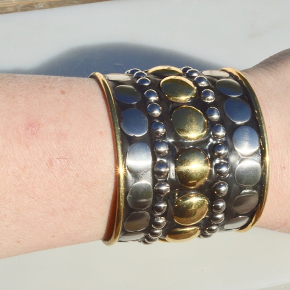 Biker Cuff Silver Brass Wide Bracelet Stud Studded - Picture 6 of 8